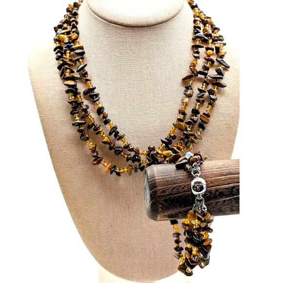Triple Strand Tiger's Eye & Brown Chip Bead Magnetic Clasp Necklace & Bracelet - Picture 1 of 7